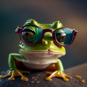 Photorealistic Baby frog wearing glasses facing the camera