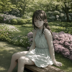 An ultra-realistic photograph captured with a Sony α7 III camera, equipped with an 85mm lens at F 1.2 aperture setting, portraying a young woman sitting on a wooden bench in a sunlit park. The background is beautifully blurred, highlighting the subject. The park is adorned with lush greenery and blooming flowers, creating a serene atmosphere. Soft sunlight gracefully illuminates the subject’s face and hair, casting a dreamlike glow. The image, shot in high resolution and a 16:9 aspect ratio, captures the subject’s natural beauty and personality with stunning realism –ar 16:9 –v 5.2 –style raw