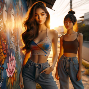 Athletic Thin skinny Attractive, Asian teenage girl, long brown hair and bangs, wearing tight skinny jeans and a halter top paint marks on her clothing, heroic pose Asian graffiti background, backside view