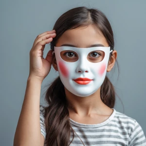 A girl hold in her  right hand  next to her head a realistic fem...