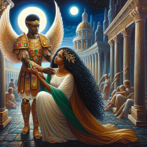Create an oil painting image featuring a male angel and a grievi...