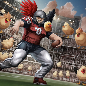 Angry chicken holding an American football