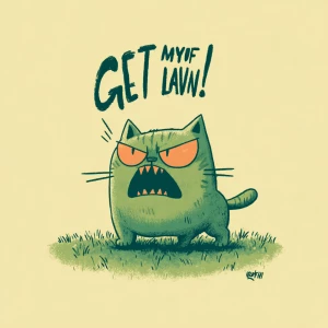 a cute angry cat yelling "Get Off My Lawn!", standing on a grass...