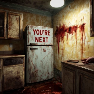 In a dimly lit, grimy kitchen, an eerie scene unfolds.red paint...