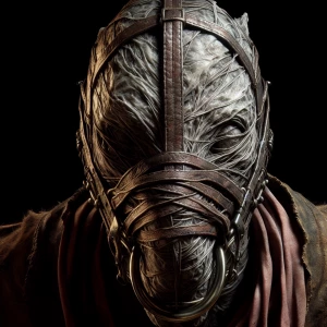 A sinister entity facing forward, its visage marred by a scold's...