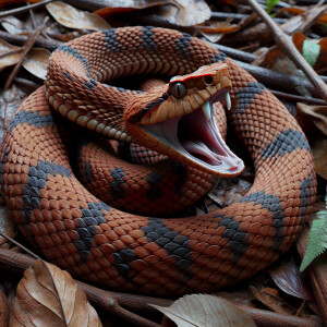 "Copperhead snake coiled defensively with mouth agape and fangs...