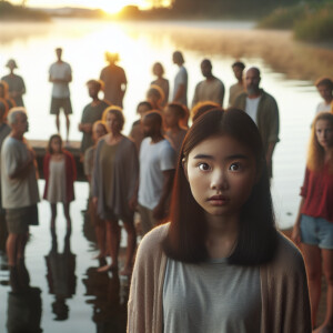 A group of people stands by the lake in the morning. One girl ha...