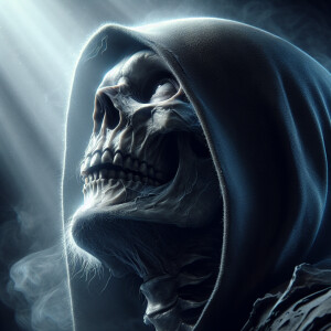 Closeup portrait of the grim reaper ooking up to heaven, ultra-d...