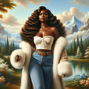 Craft a 4K glossy oil painting portraying a regal, plus-size Afr...