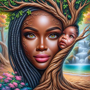 Create a close-up, hyper-realistic 3-D oil painting of a tree wi...