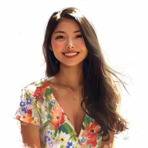 A cute woman

Smiling 

Clothes: Floral Dress

Looks Clean & Mod...