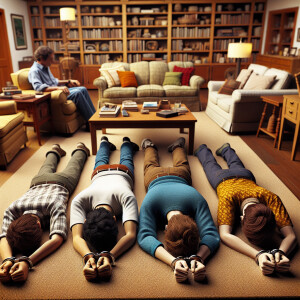 ultra-realistic, 4 caucasian male teens handcuffed, laying face...