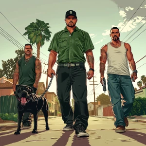 A highly detailed digital painting depicting three urban charact...