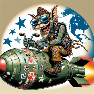 Wwii rat fink character straddling a bomb crashing toward earth...