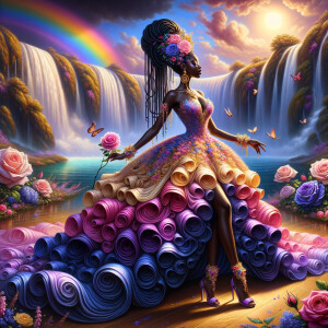 Remix Prompt
S/O Jackie Torres
S/O Panda Locke

create a animated style hyper realistic airbrush whimsical oil painting of a light African American woman wearing a flawless beautiful purple, pink, and gold blossom dress long flowing with colorful flowers and ruffles on the dress colorful jewelry made of flowers she has long black dreadlocks in a bun a colorful rose in her hair her peep toe shoes is matching her dress behind her is a beautiful waterfall liquid glowing lights beautiful colorful rainbow surrounded by beautiful roses.