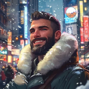 White muscular thin man with beard, big chin, smile and cheekbon...