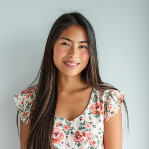 A cute woman

Smiling 

Clothes: Floral Dress

Looks Clean & Mod...