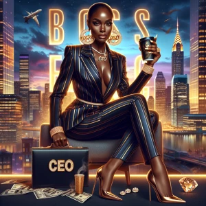 An assertive African American woman stands proudly in a tailored...