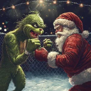 The Grinch and Santa fight in an octagon. The Grinch must be thi...