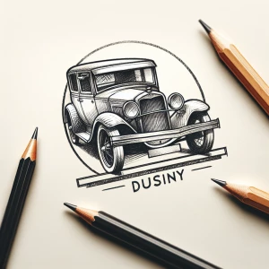 A sketch of a vintage car with fine shading details and the business name integrated into the car’s license plate, all surrounded by a loose pencil border