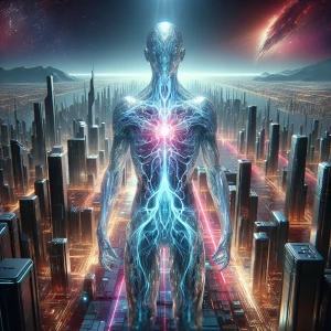 A towering, crystalline alien being, its shimmering, translucent form reflecting the vivid hues of its surroundings. The image captures a futuristic cityscape stretching into the horizon, filled with sleek, metallic structures and neon lights. This stunning photograph showcases the intricacies of the alien's anatomy, from its intricate patterns of glowing veins to the pulsating energy emanating from its core. Each detail is rendered with impeccable clarity and realism, drawing viewers into a world of extraterrestrial wonder.