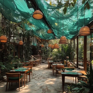 Tropical forest and  stone indoor outdoor restaurant with huge g...