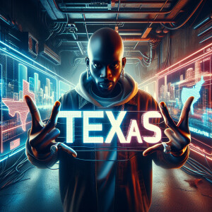 Create a futuristic album cover featuring a bald African America...