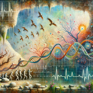 lie detector graphs, cardio, printout , branches infinity sign, cave, Art, handprints, distant birds flying, flowering vines, abstract gestural painting, dna cave drawings galaxies electrical cardiogram