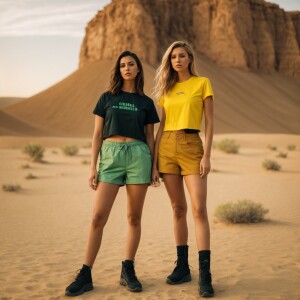 Two beautiful, slender 23-year-old women stand side by side in t...
