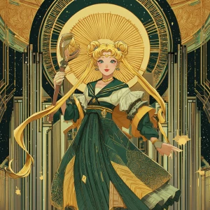 Create a cinematic portrait of a Sailor Moon–Geisha heroine in a...