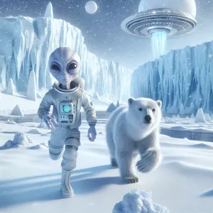 young alien runs next to a polar bear cub in a snowstorm in the...