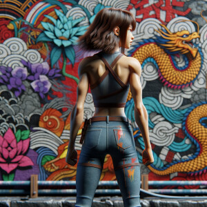 Athletic Thin skinny Attractive, Asian teenage girl, long brown hair and bangs, wearing tight skinny jeans and a halter top paint marks on her clothing, heroic pose Asian graffiti background, backside view