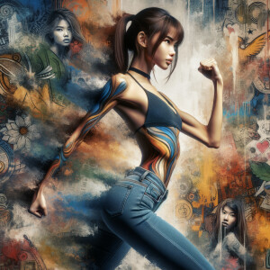 Very thin Athletic Thin skinny Attractive, Asian teenage girl, long brown hair and bangs, wearing tight skinny jeans and a halter top paint marks on her clothing, heroic sideways pose Asian graffiti background