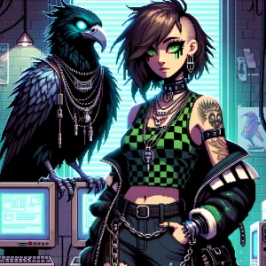 {"prompt":"An 8-bit pixel art scene featuring a stylish, edgy wo...