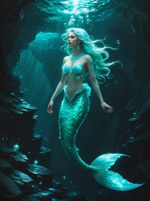 In the depths of an underwater cave, a mesmerizing bioluminescen...