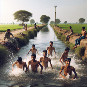 Pakistani villager boys taking bath in canal