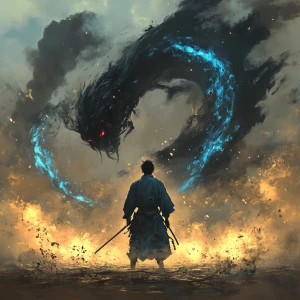 A cinematic, high-drama digital painting depicting a lone samura...