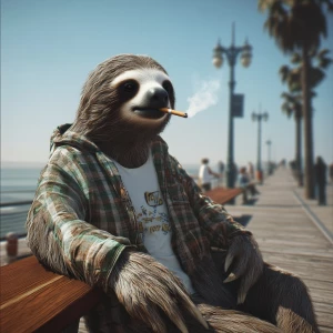 Sloths slerf meme..hanging out on the boardwalk smoking a cigare...