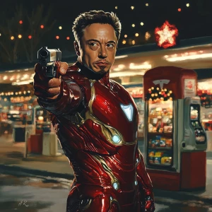 Elon Musk as Iron Man with Christmas style. elon pointing a gun...