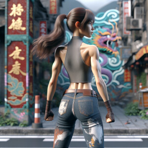 Athletic Thin skinny Attractive, Asian teenage girl, long brown hair and bangs, wearing tight skinny jeans and a halter top paint marks on her clothing, heroic pose Asian graffiti background, backside view