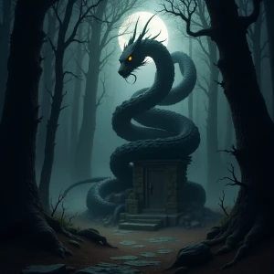 "Amidst a shadowy forest, a colossal, majestic serpent coils sil...