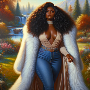 Craft a 4K glossy oil painting portraying a regal, plus-size Afr...