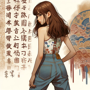 Attractive, Asian teenage girl, long brown hair and bangs, wearing tight skinny jeans and a halter top paint marks on her clothing, backside view heroic pose Asian graffiti