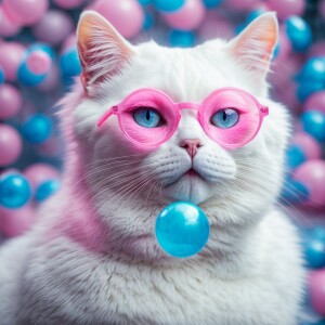 Illustrate a female white cat with striking blue eyes, flutterin...