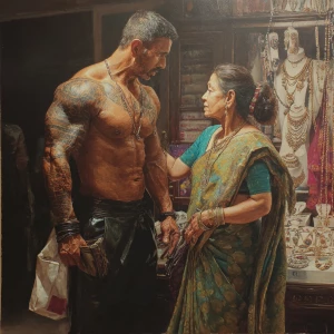 Hyperrealistic oil painting.a muscular beefy tattoed gujarati sw...