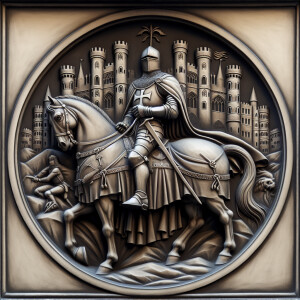 3d bas relief of a knight templar on a horse in front of a castl...