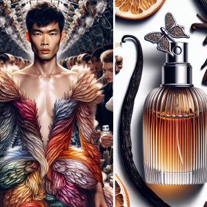 Young man holding up-close of his face a bottle of perfume. His...