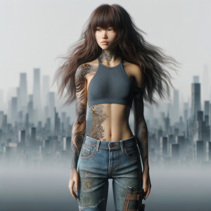 Thin Asian teen girl wearing tight jeans and a halter top Long brown hair and bangs, tattoos on her arms, athletic heroic pose