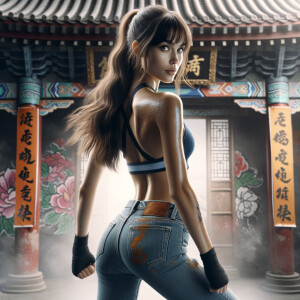 Athletic Thin skinny Attractive, Asian teenage girl, long brown hair and bangs, wearing tight skinny jeans and a halter top paint marks on her clothing, heroic pose Asian graffiti background,  backside view