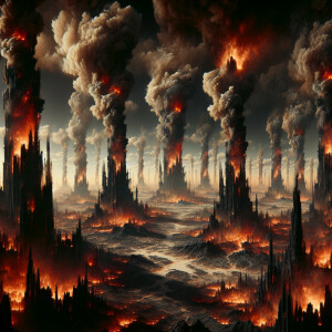 A dystopian hellscape featuring towering columns of black, sooty...